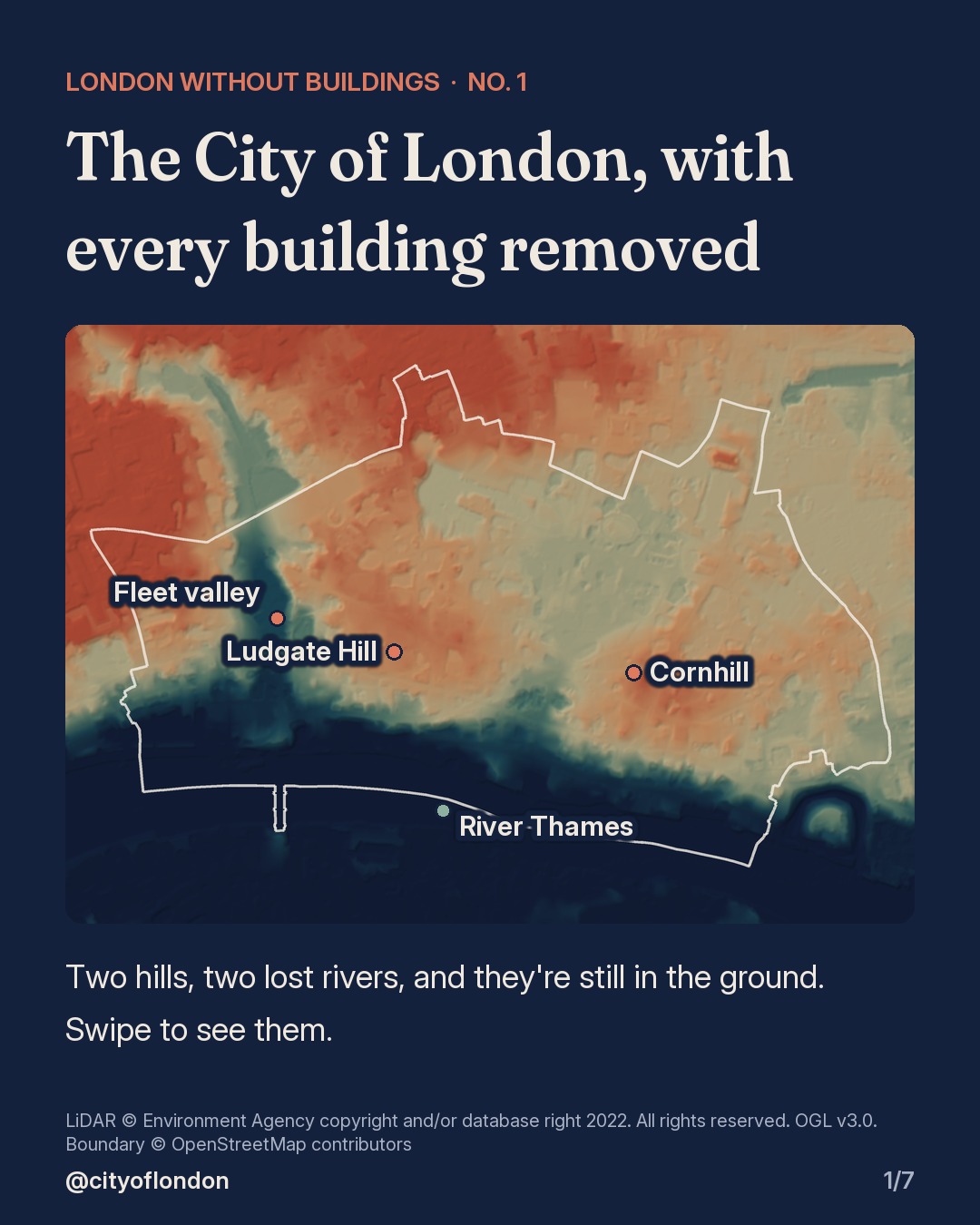 Colour relief map of the City of London's bare ground, buildings removed, with the City boundary in white. Two raised areas in orange and red are labelled Ludgate Hill and Cornhill; a dark blue valley in the west is labelled Fleet valley; the River Thames runs along the bottom.