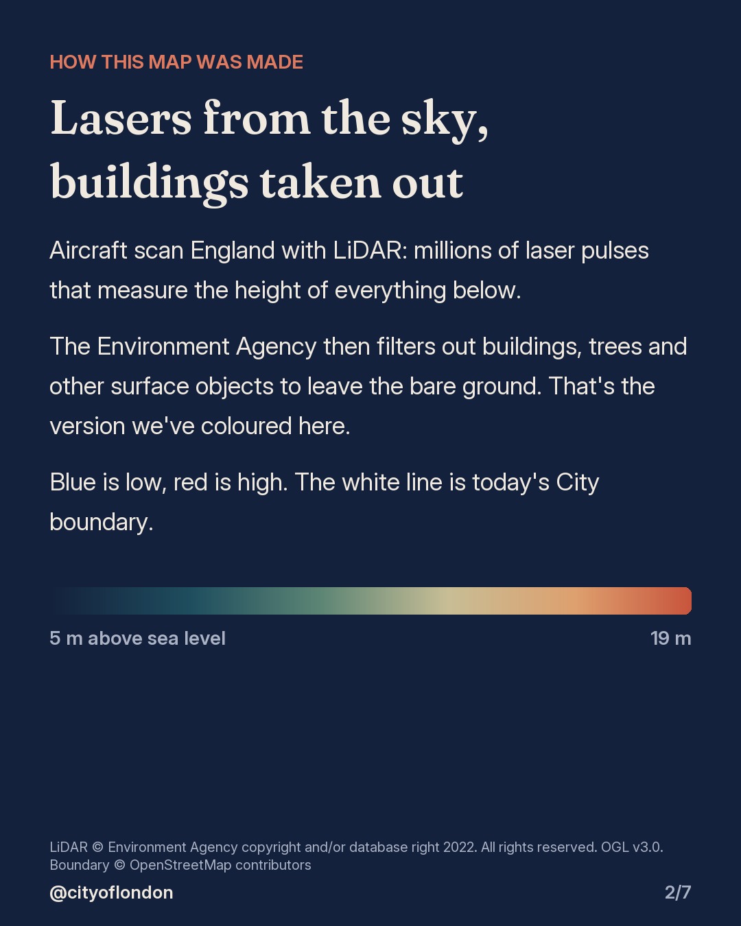 Explainer: aircraft LiDAR measures heights; the Environment Agency filters out buildings to leave bare ground. A colour bar runs from blue at 5 m to red at 19 m above sea level.