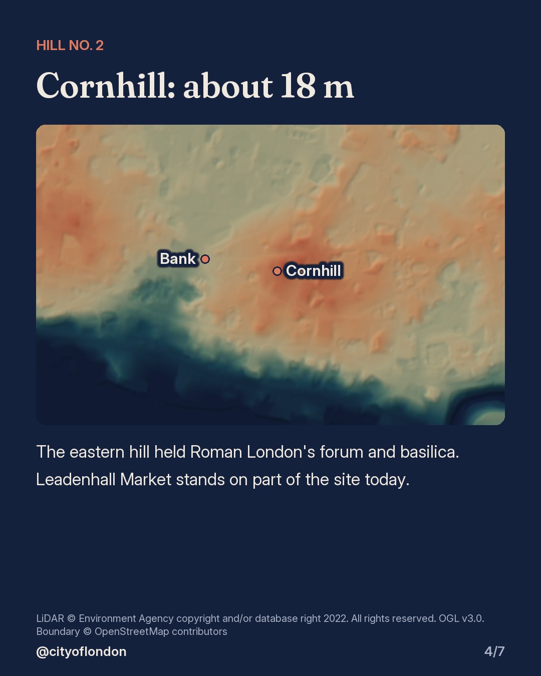 Close-up relief of Cornhill, the eastern hill, with Bank marked to its west.