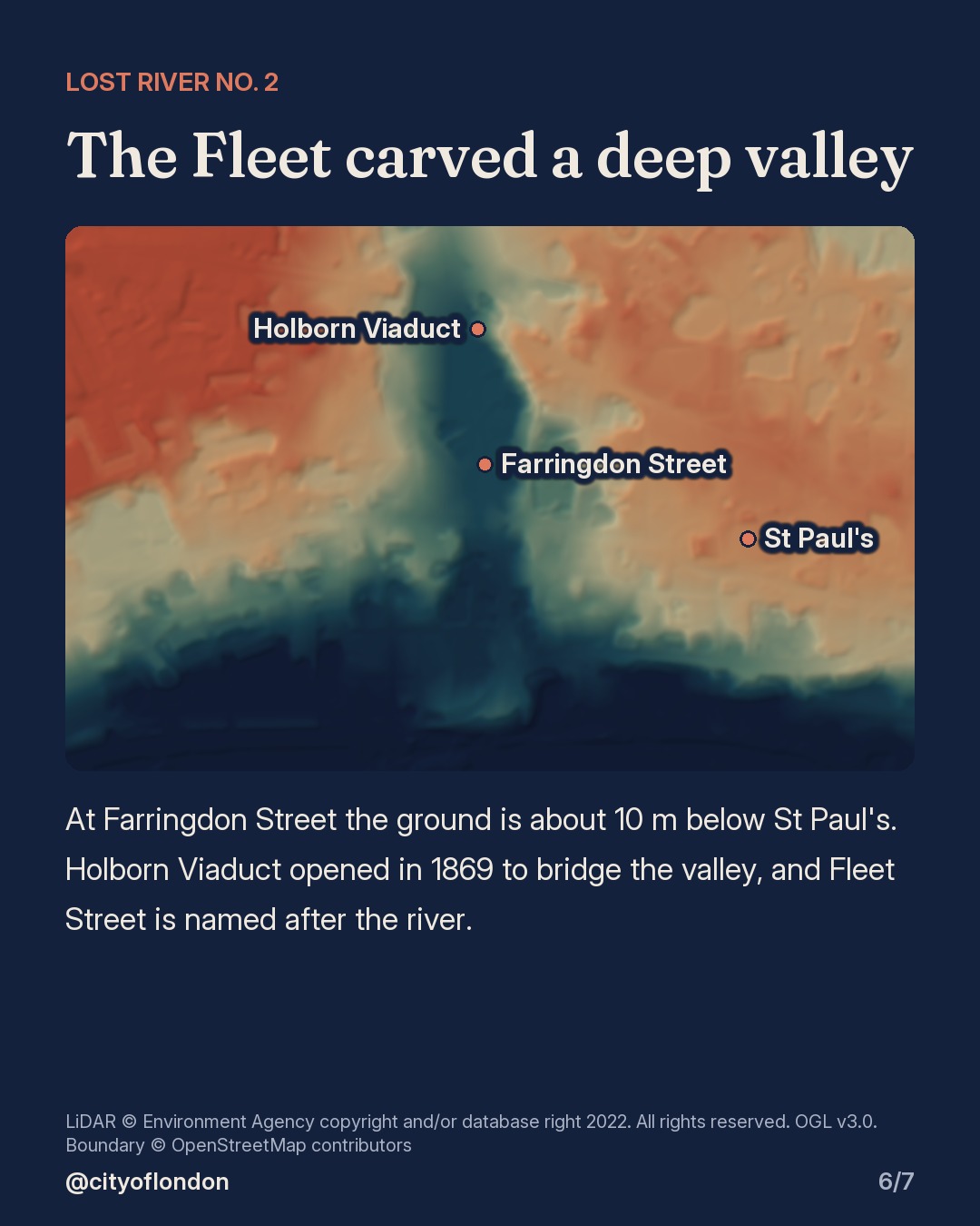 Relief of the Fleet valley: a deep blue channel running south past Farringdon Street, about 10 m below St Paul's, with Holborn Viaduct and St Paul's marked.