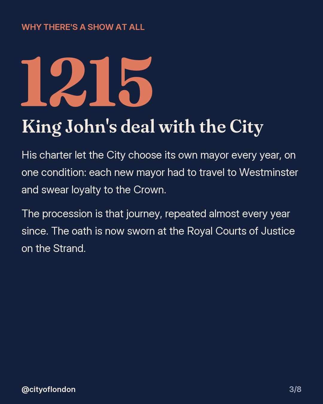 Large "1215" with the text: King John's charter let the City choose its own mayor every year, if each new mayor travelled to Westminster to swear loyalty to the Crown.