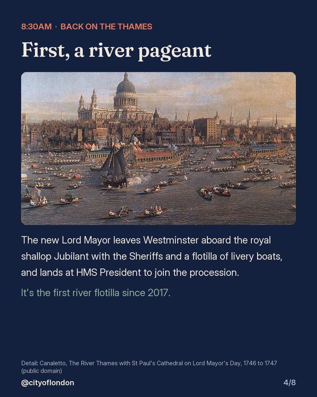 Detail of Canaletto's painting showing barges in front of St Paul's, explaining the 8:30am river pageant from Westminster to HMS President, the first since 2017.