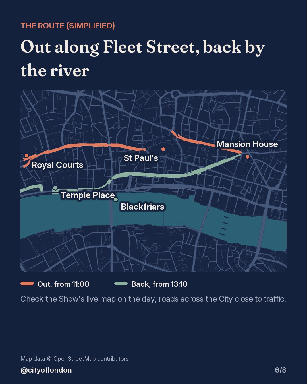 Simplified route map: outbound in orange from Mansion House along Cheapside, past St Paul's and down Fleet Street to the Royal Courts; return in green from Temple Place along Victoria Embankment and Queen Victoria Street.