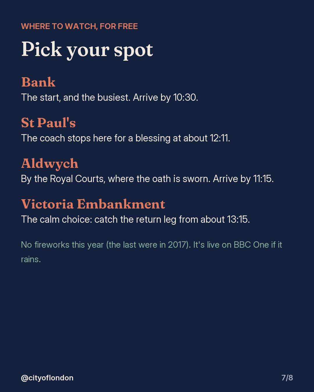 Where to watch: Bank by 10:30, St Paul's around 12:11, Aldwych by 11:15, Victoria Embankment from 13:15. No fireworks this year; live on BBC One.