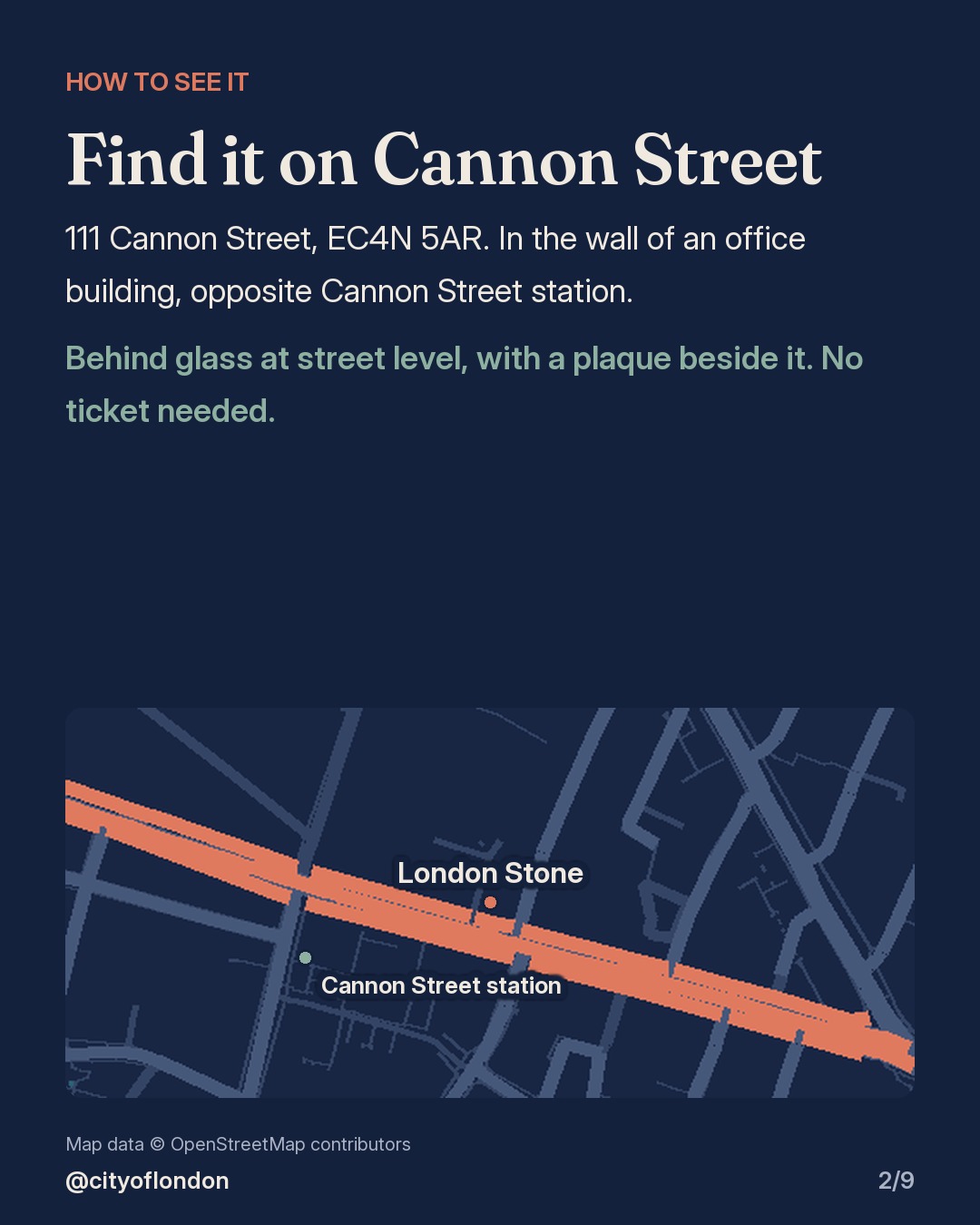 Close-up map of Cannon Street with London Stone marked opposite Cannon Street station. Text: 111 Cannon Street, EC4N 5AR, behind glass at street level, no ticket needed.