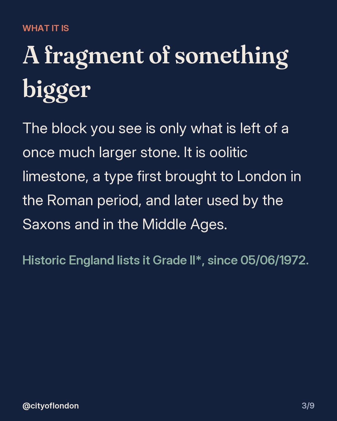 Text slide: London Stone is a fragment of a once much larger block of oolitic limestone, Grade II* listed by Historic England since 05/06/1972.