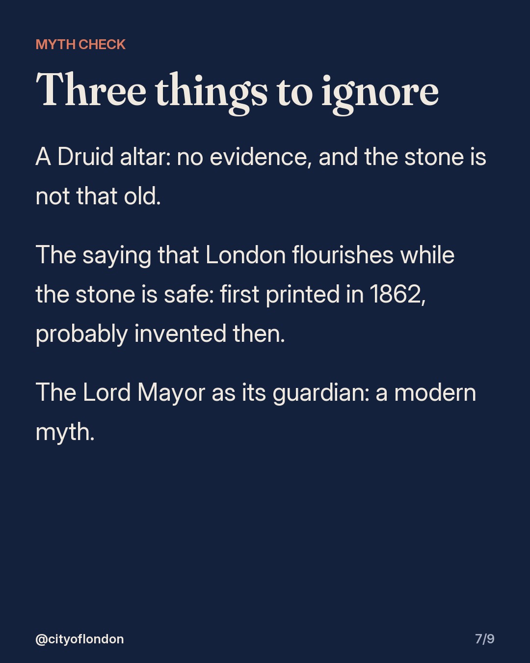 Text slide: three myths to ignore: a Druid altar, the "Stone of Brutus" saying (first printed 1862, probably invented then) and the Lord Mayor as guardian.