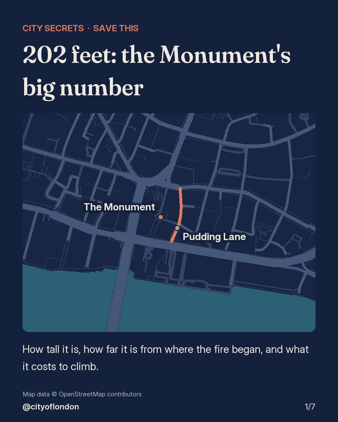 Map of the streets around the Monument and Pudding Lane in the City of London, with Pudding Lane highlighted.