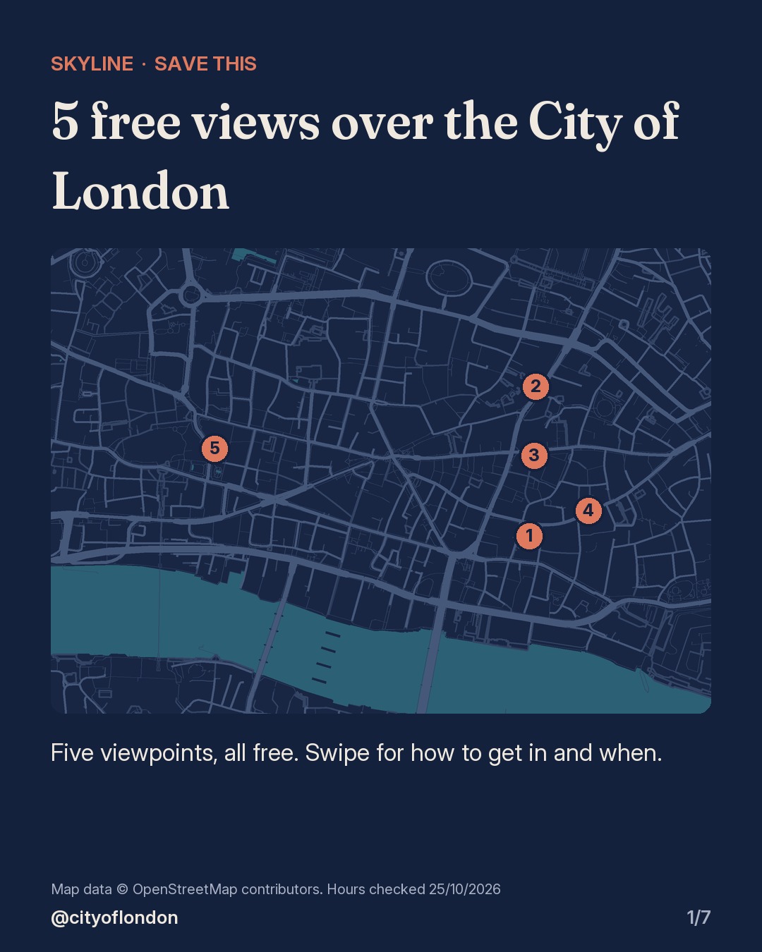 Map of the City of London with five numbered pins: 1 Sky Garden, 2 Horizon 22, 3 The Lookout, 4 The Garden at 120 (all in the eastern City), and 5 One New Change by St Paul's in the west.